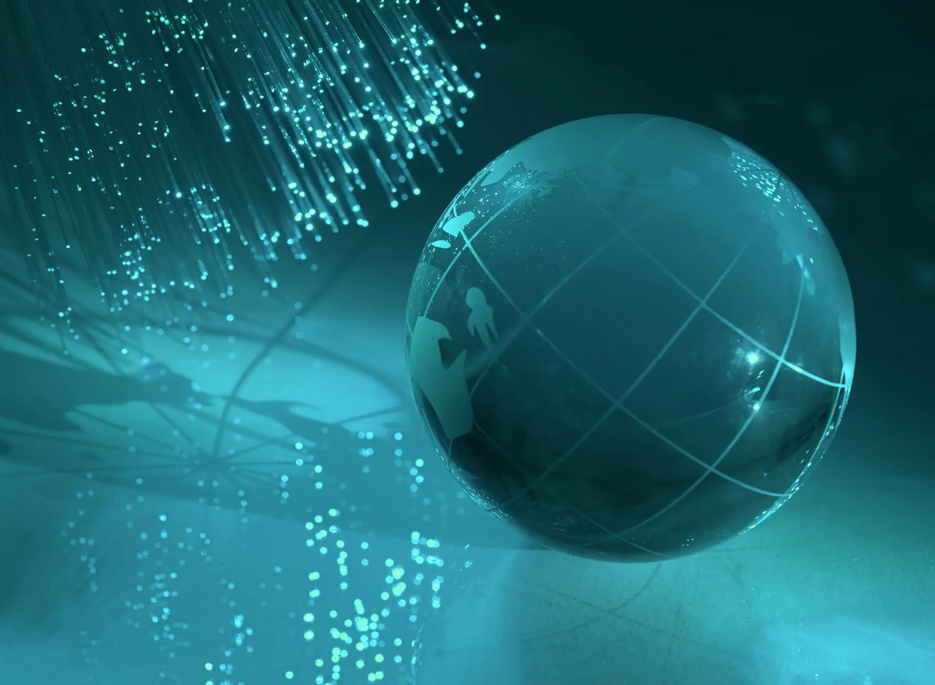 A glowing glass globe illuminated by blue fiber optic cables, representing interconnected global markets and the complexities of navigating political risk.